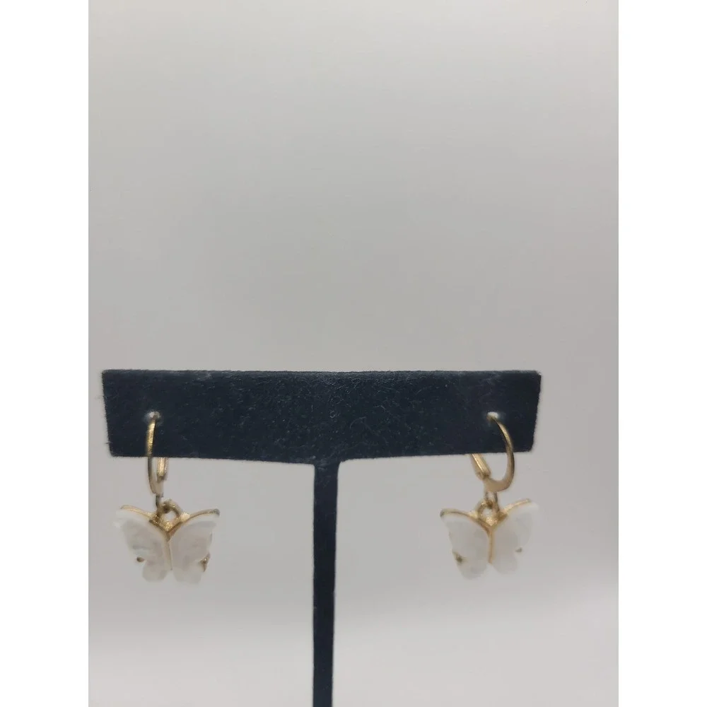 Gold Tone White Butterfly‎ Huggie Hoop Dangle Earrings Cute Minimalist Jewelry